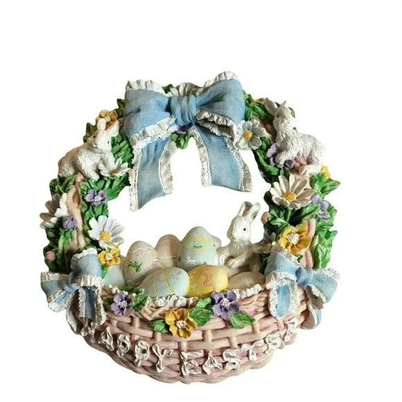 Vintage Easter Wearth Eggs Bunny With Bow Ceramic Door Decorative - Picture 1 of 4